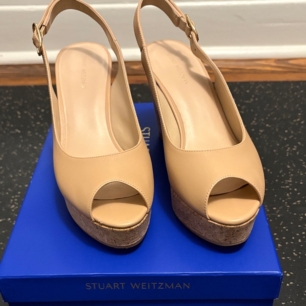 Stuart Weitzman Beige Peep-Toe Wedges